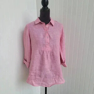 ANTIBES BLANC Top Womens Linen Tunic Popover Collared Long Sleeve Woven Pink M